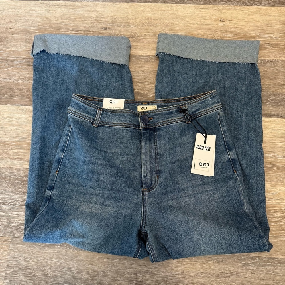 Oat New York High Rise Wide Leg Raw Hem Women’s Denim Jeans Size 12 / 31 NWT - Picture 2 of 10